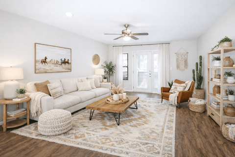 A living room with a white couch, a wooden coffee table, and a painting of a horse-drawn carriage on the wall.