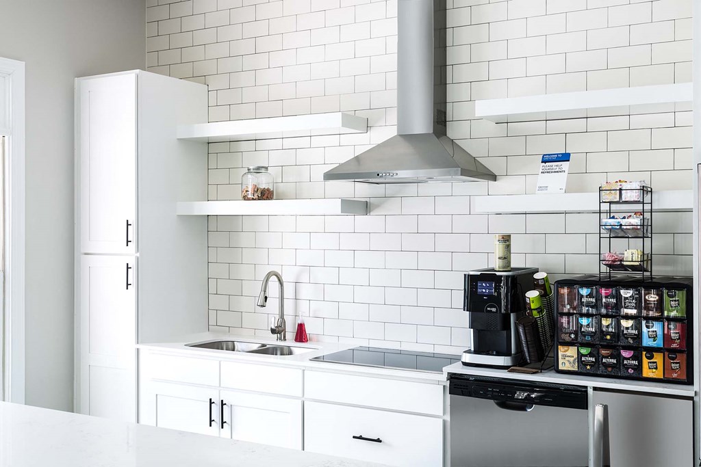 Leasing Center clubhouse modern kitchen at Whitehall Estate apartments in Charlotte NC