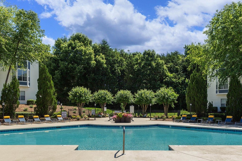 a swimming pool with chaise lounge chairs and trees in the background at Whitehall Estate apartments in Charlotte NC