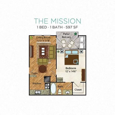 A floor plan of a one bedroom apartment with a living room, kitchen, bathroom, and closet.