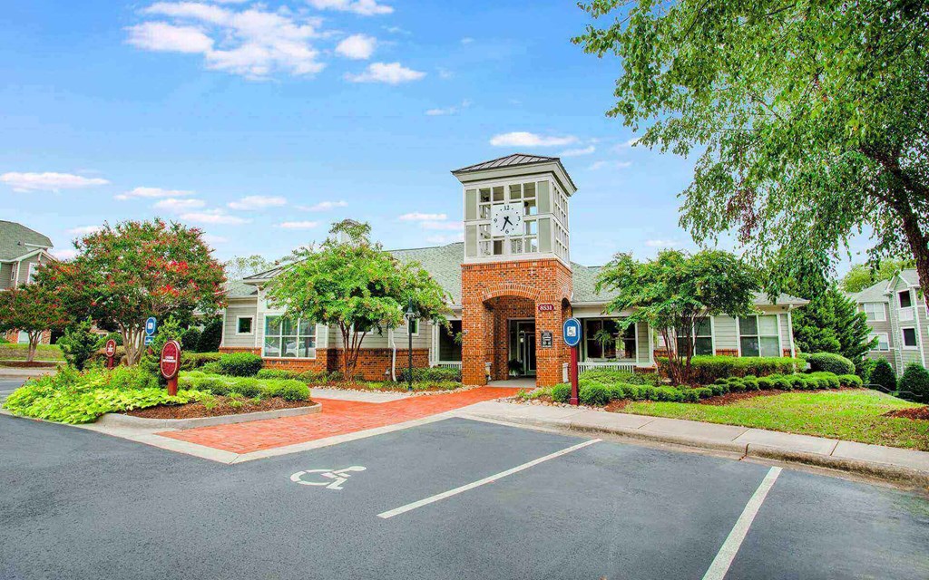 the entrance to leasing office at the Seasons at Umstead apartments in Raleigh