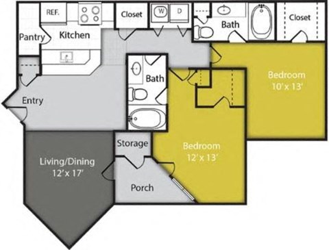 a floor plan of a 2-bedroom apartment home at the eclipse apartments duluth ga