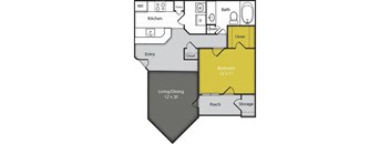 a rendering of a floor plan of a 1-bedroom apartment home at the eclipse apartments duluth ga