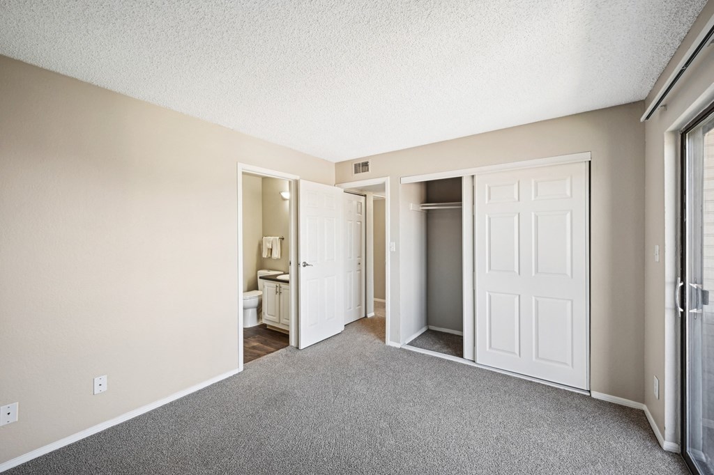 an empty bedroom with a closet and carpet flooring