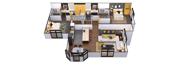 A 3D floor plan of a house with a kitchen, living room, dining room, and bedrooms.