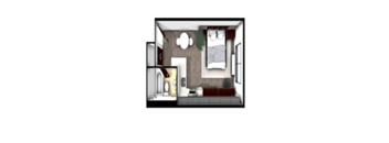 A drawing of a bedroom with a bed, dresser, and mirror.