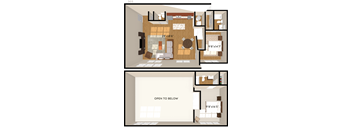 A floor plan of a house with a living room, dining room, kitchen, and two bedrooms.