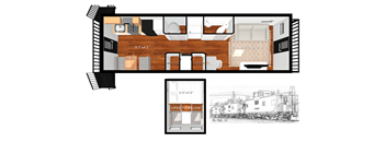 A floor plan of a train car with a living room, kitchen, and bathroom.