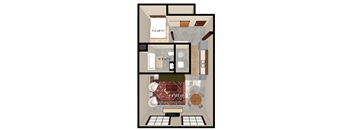 A floor plan of an apartment with a living room, kitchen, and bathroom.