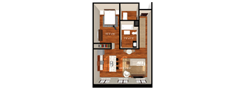 A floor plan of a room with dimensions and furniture layout.