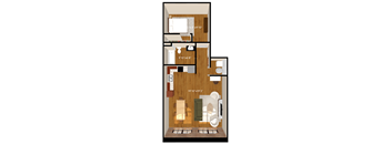 A floor plan of a small apartment with a kitchen, living room, and bathroom.