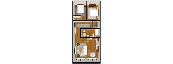 A floor plan of a small apartment with a kitchen, living room, and bathroom.