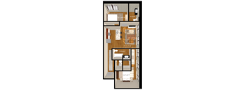 A floor plan of a two-bedroom apartment with a living room, kitchen, and bathroom.