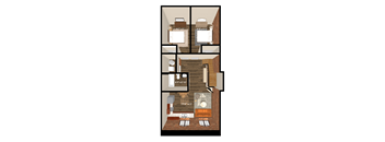 A floor plan of a house with a kitchen, living room, and two bedrooms.