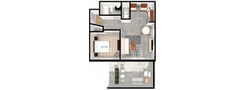 A floor plan of a unit with a kitchen, living room, and bathroom.