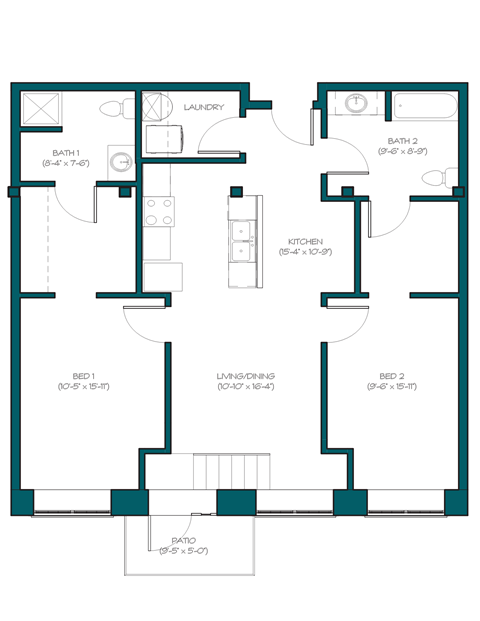 a floor plan of a bedroom floor plan with an open concept living room and kitchen