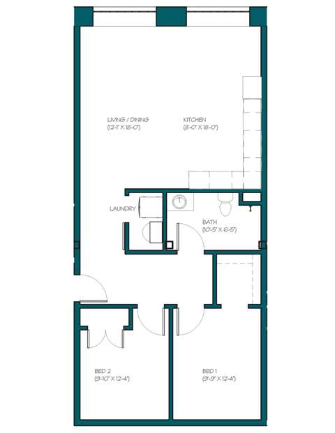 a floor plan of a unit with a bedroom and a living room and a staircase