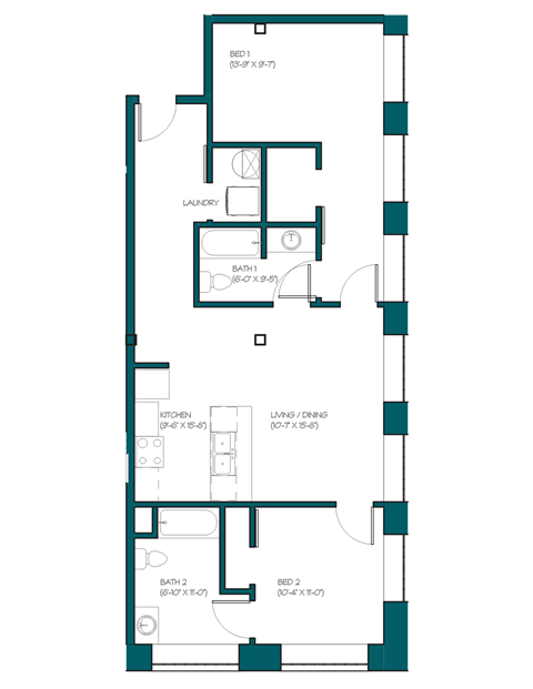 a floor plan of a residence with a bedroom and a living room and a staircase