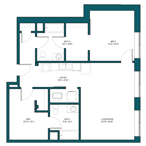 a floor plan of a residence with a bedroom and a living room