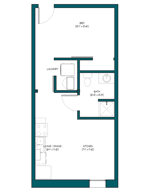 a floor plan of a small apartment with a bedroom and a bathroom