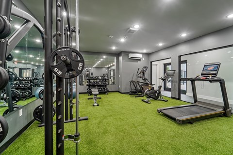 A gym with a green carpet and various exercise equipment.