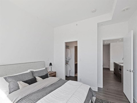 the master bedroom has a large bed and a walk in closet