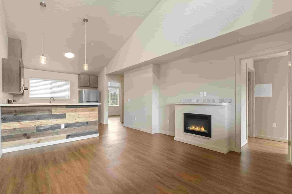 A modern living room with a fireplace and wooden floors.