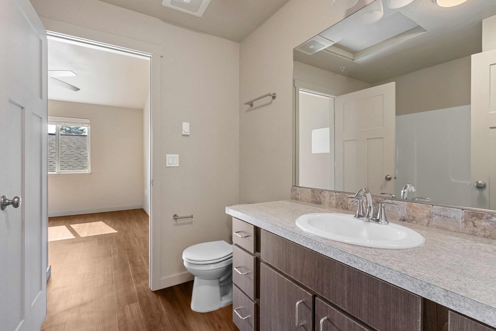 A bathroom with a toilet, sink, and mirror.