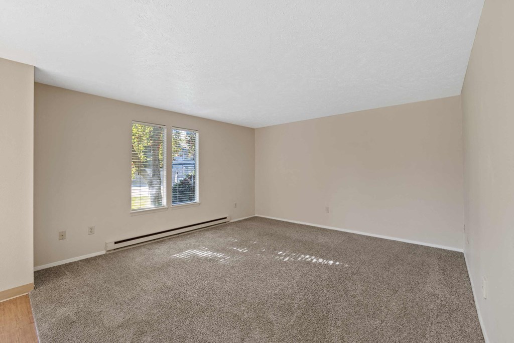 an empty living room with carpet and a window