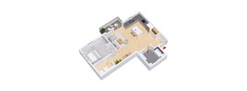 A 3D floor plan of a house with a kitchen, living room, and bathroom.