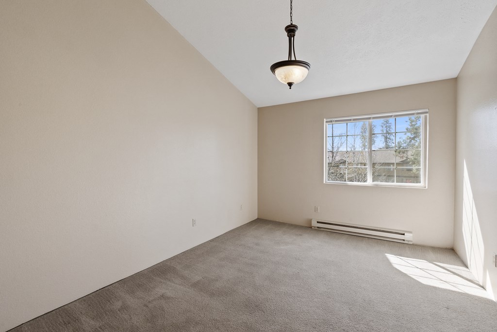 empty room with carpet, white walls, chandelier in center, and window.