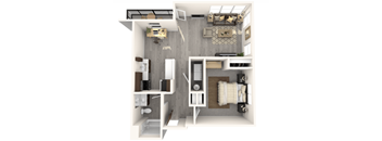 A top-down view of a small, modern apartment with a kitchen, living room, and bathroom.