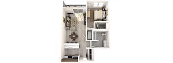 A 3D floor plan of a small apartment with a kitchen, living room, and bathroom.