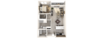 A 3D rendered image of a small apartment with a bedroom, living room, and kitchen.