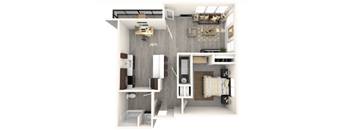 A 3D floor plan of a small apartment with a kitchen, living room, and bathroom.