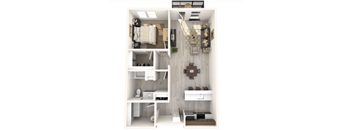 A 3D floor plan of a small apartment with a kitchen, living room, and bathroom.