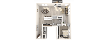 A small, neatly organized studio apartment with a kitchenette, living area, and bedroom.