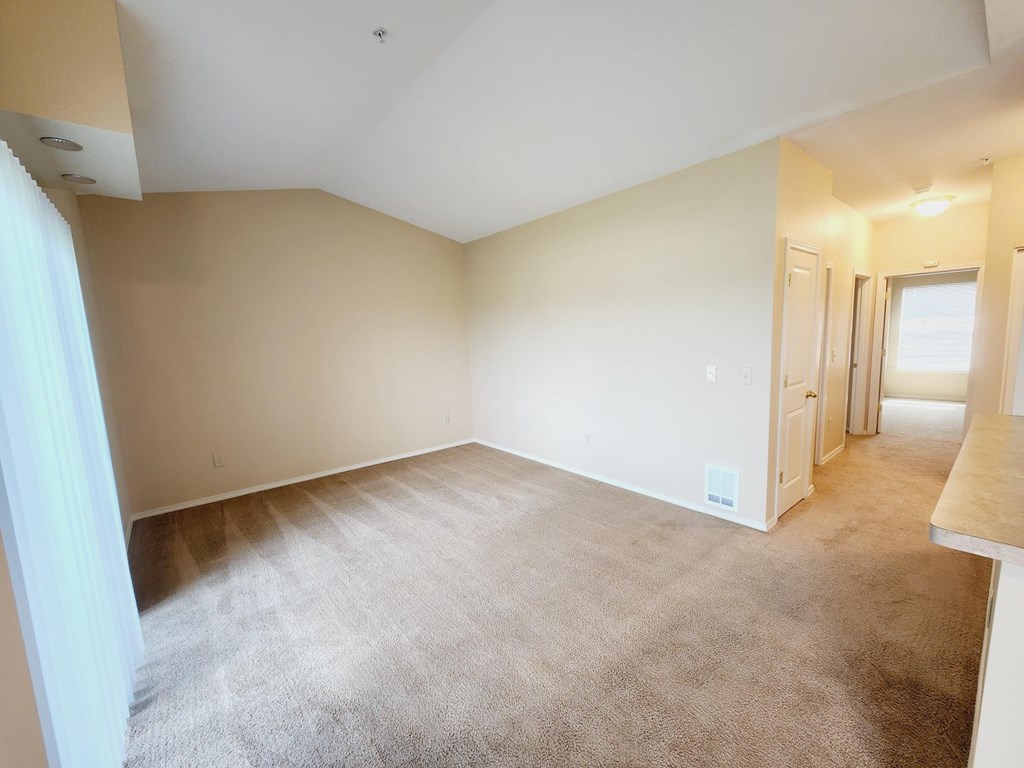 a spacious living room with carpet and white walls