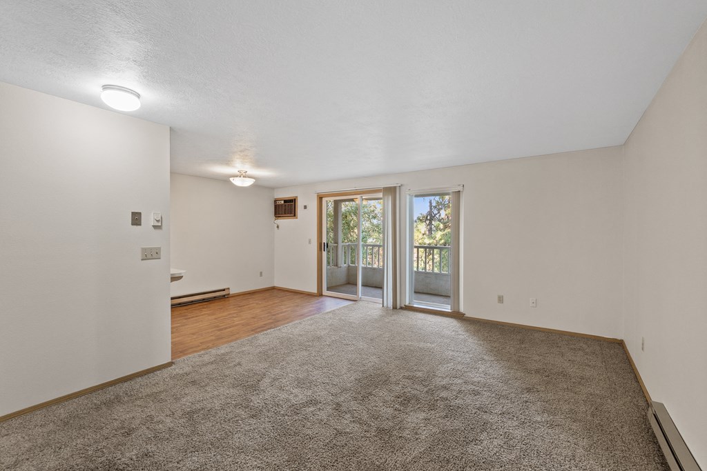 an empty living room with a sliding glass door to a patio