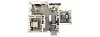 A 3D floor plan of a small apartment with a kitchen, living room, and bathroom.