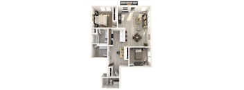 A 3D floor plan of a small apartment with a kitchen, living room, and bathroom.