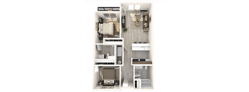 A diagram of a small apartment with a bedroom, living room, and kitchen.