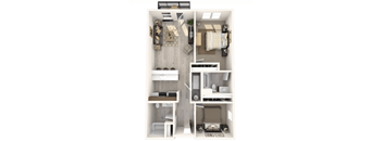A diagram of a small apartment with a bedroom, living room, and kitchen.