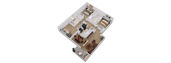 A top-down view of a living room, kitchen, and dining area.
