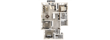 A 3D floor plan of a small apartment with a kitchen, living room, and bedroom.