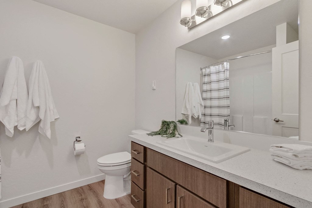 a bathroom with a large mirror and a toilet and a sink