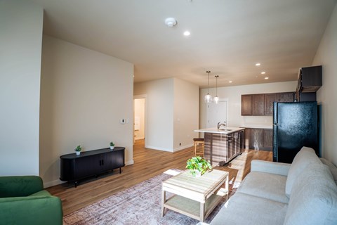 A living room with a green couch, a coffee table, and a television.