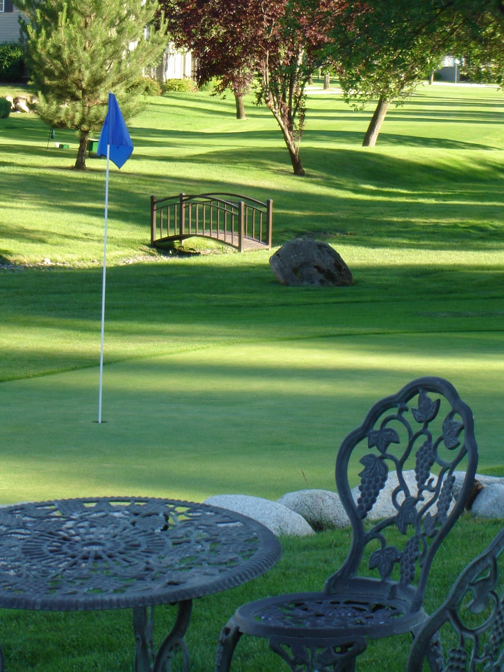 A blue flag on a golf course.