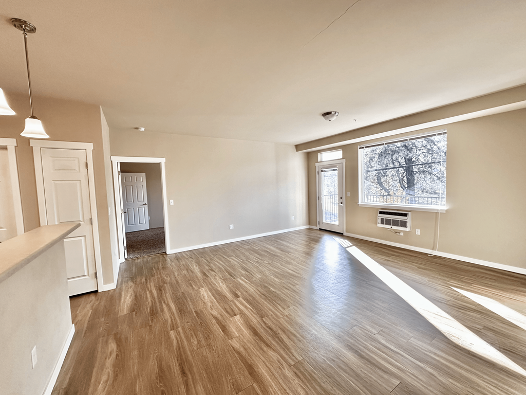 A room with wooden flooring and a window showing a tree outside.