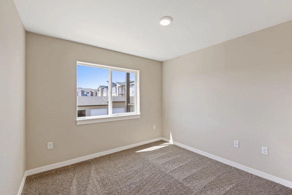 an empty bedroom with a window and carpet